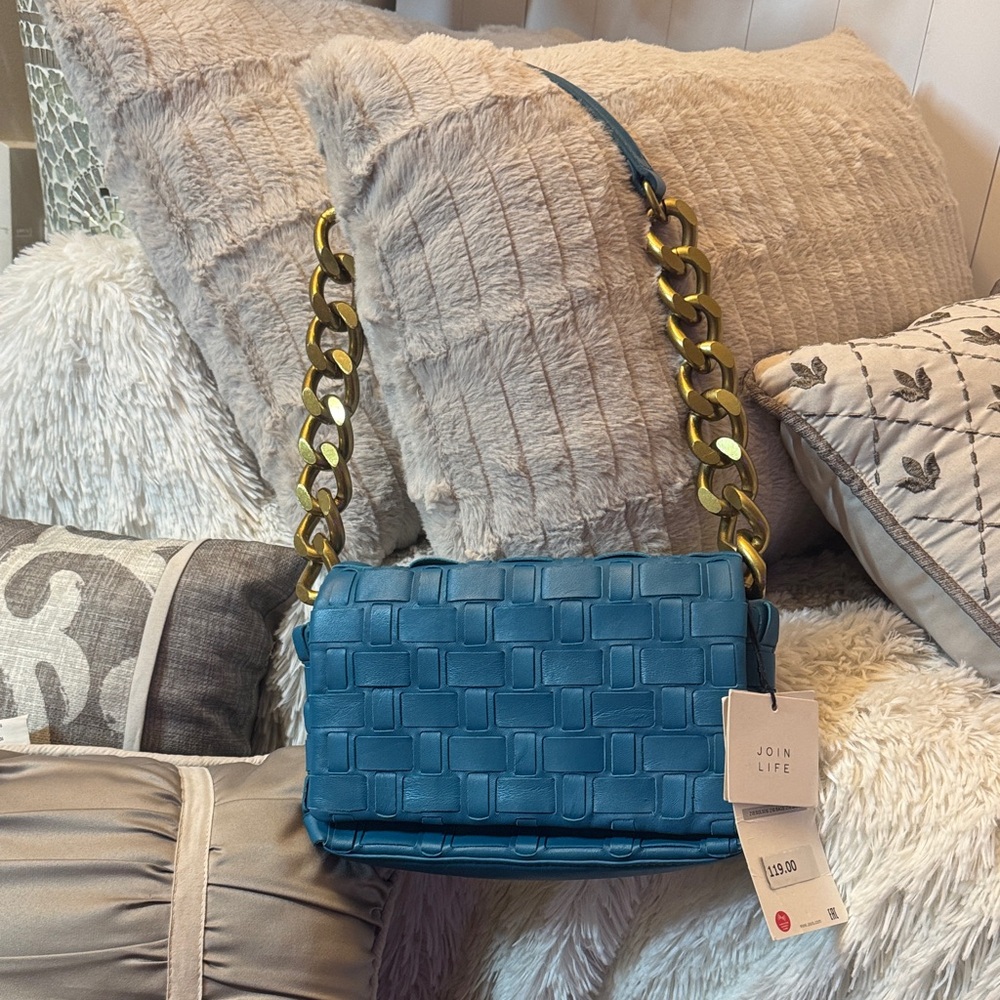 Zara Blue Woven Shoulder Bag with Gold Chain